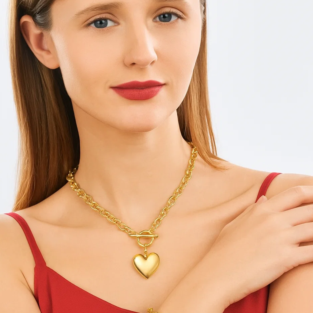 Pixie | 18K Gold-Plated Solid Heart Charm OT Buckle Chunky Waterproof Necklace