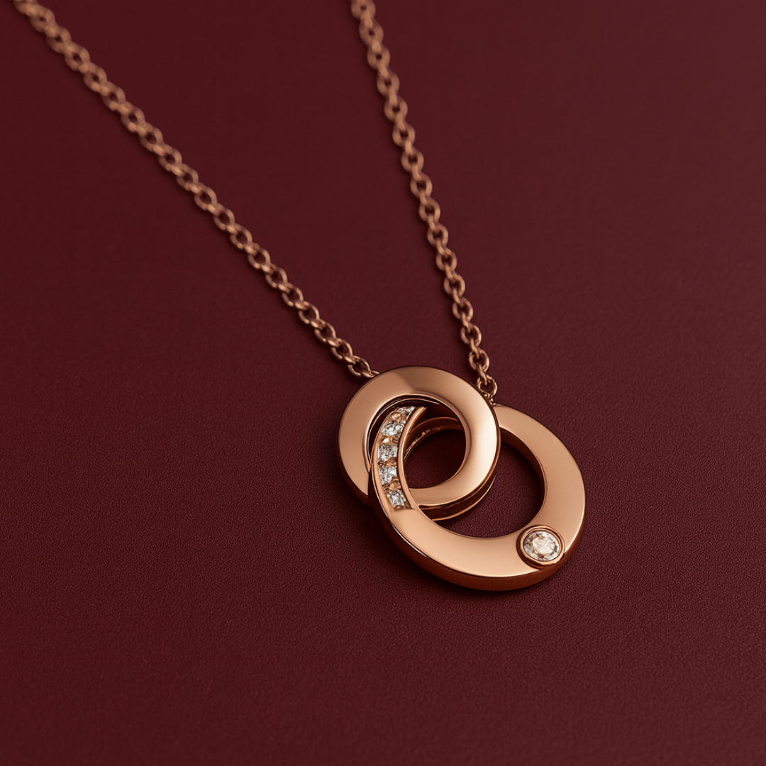Lyra | Rose Gold (18k) Plated Double Interlocking Circles Pendant Waterproof Necklace with Zircons