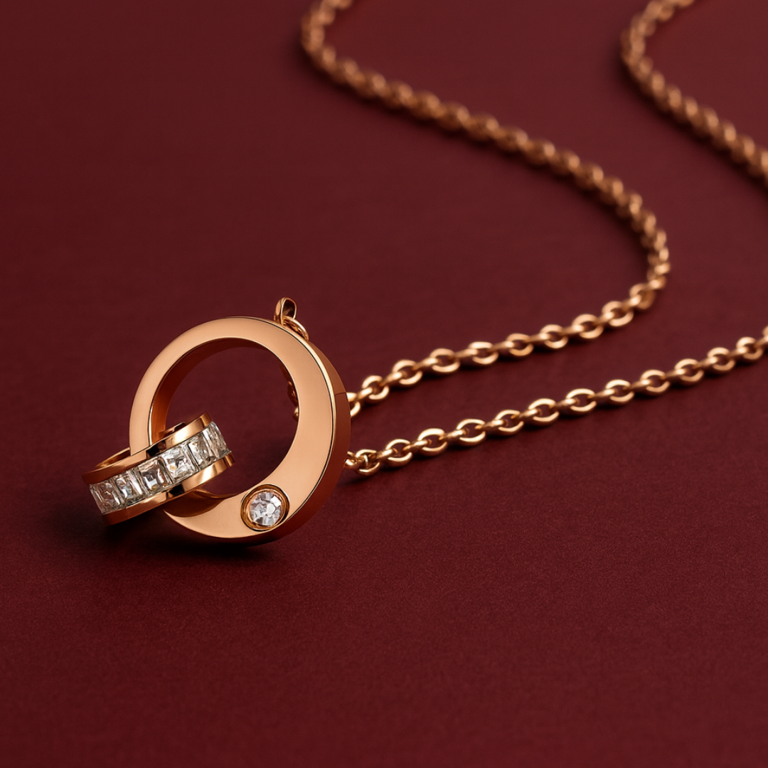 Lyra | Rose Gold (18k) Plated Double Interlocking Circles Pendant Waterproof Necklace with Zircons