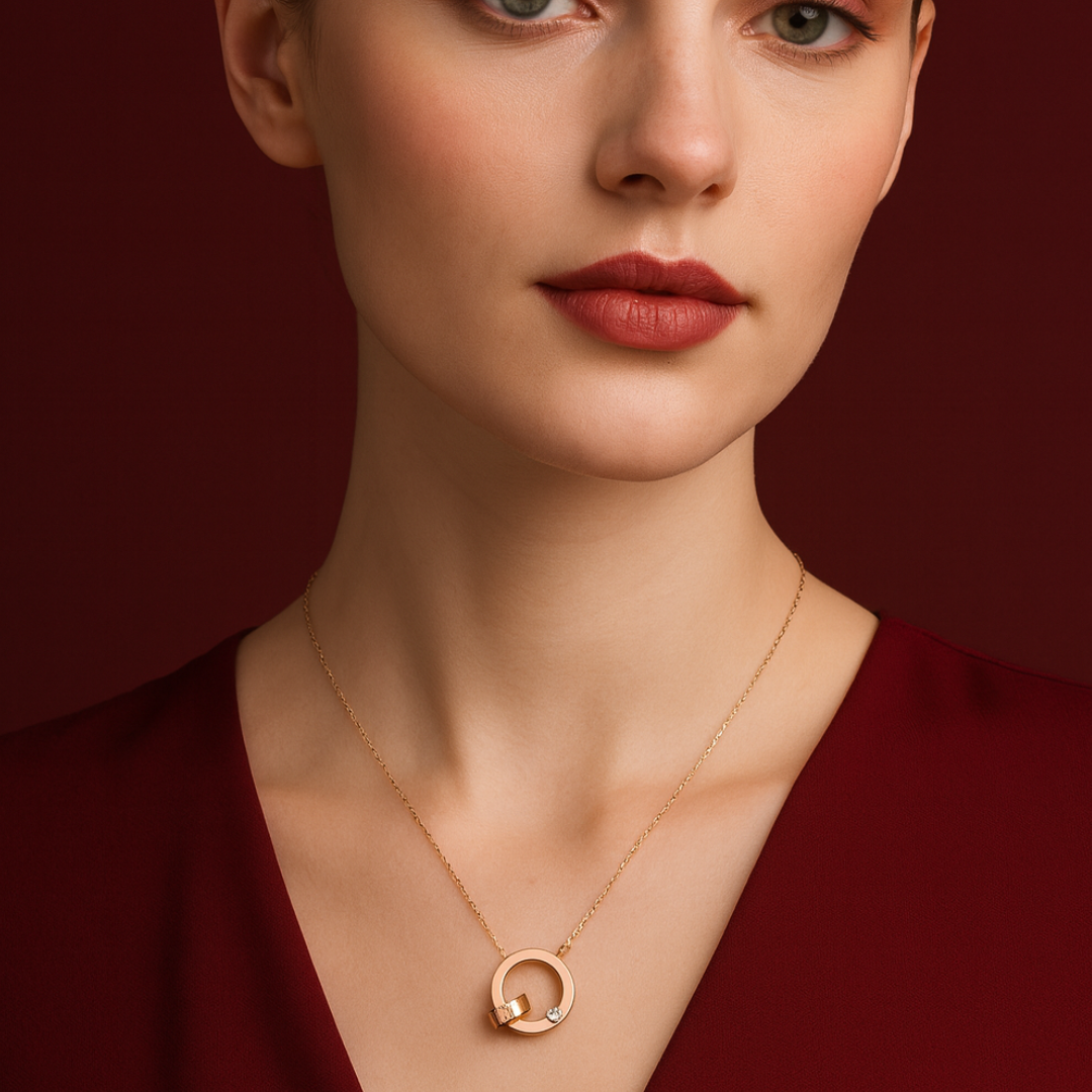 Lyra | Rose Gold (18k) Plated Double Interlocking Circles Pendant Waterproof Necklace with Zircons