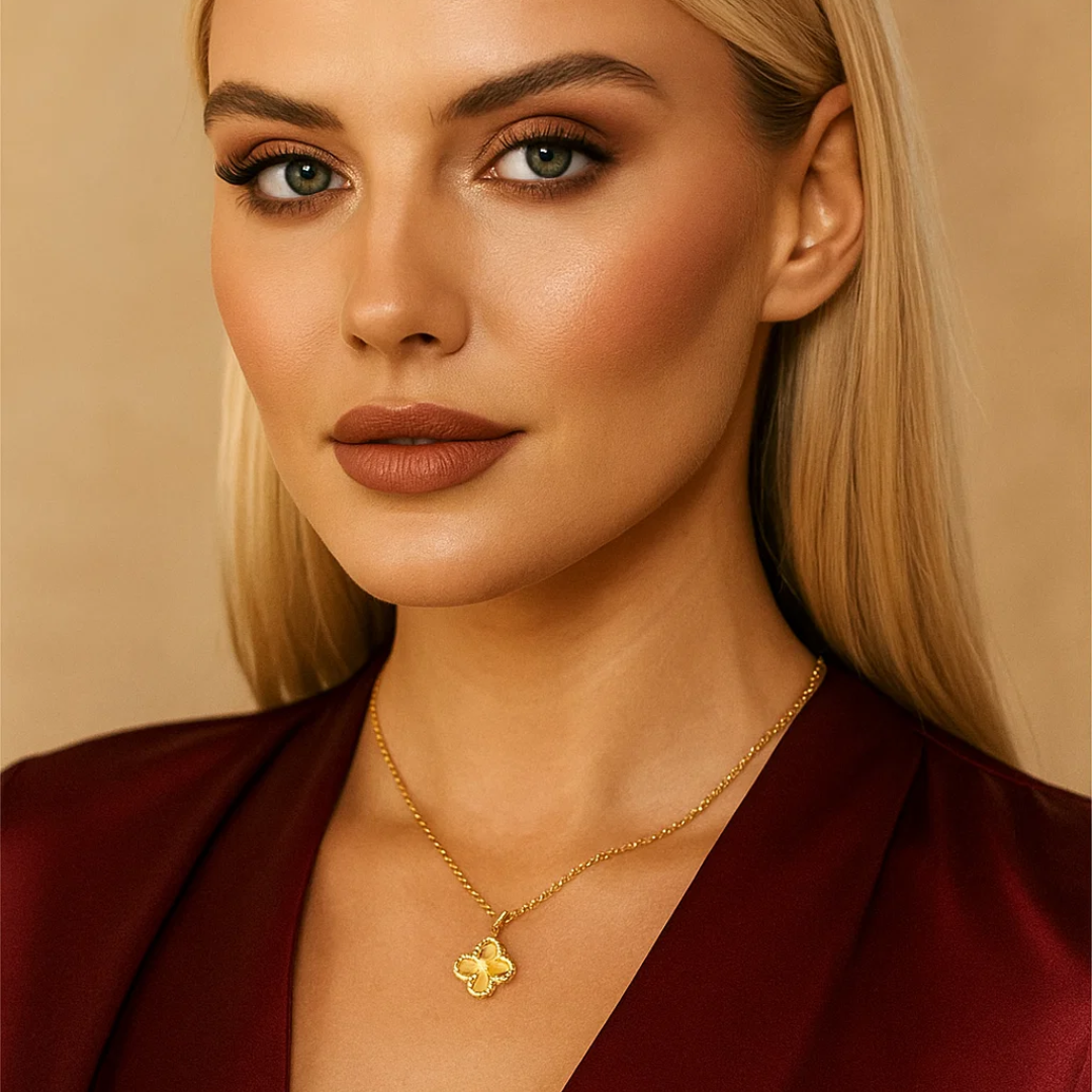 Clover Necklace - 18K Gold Plated Textured Four-Leaf Pendant Waterproof Chain