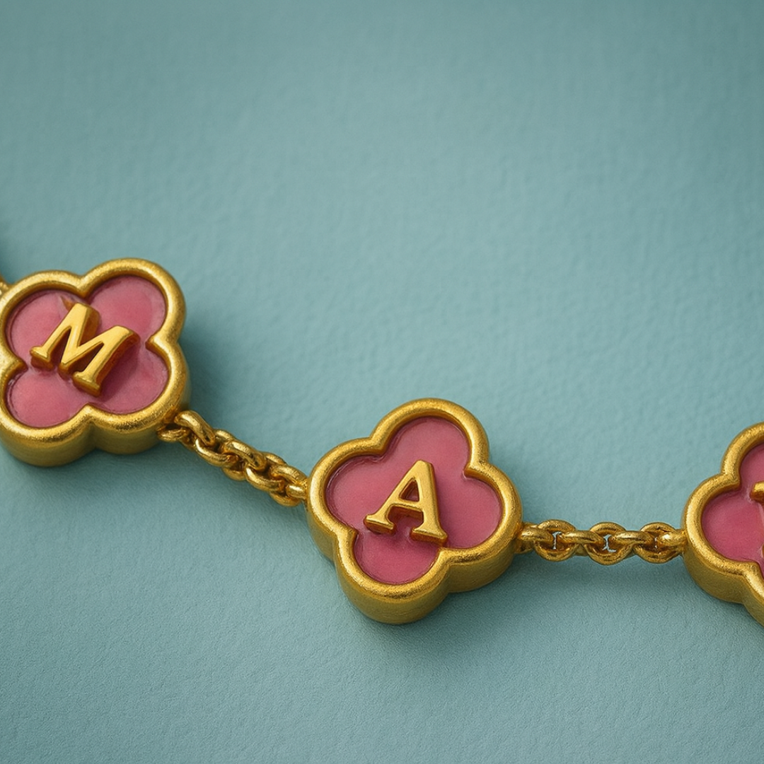 Jodie Clover Bracelet - Personalised Clover Name Bracelet, 18K Gold Plated Waterproof Clover Jewellery Christmas Gift