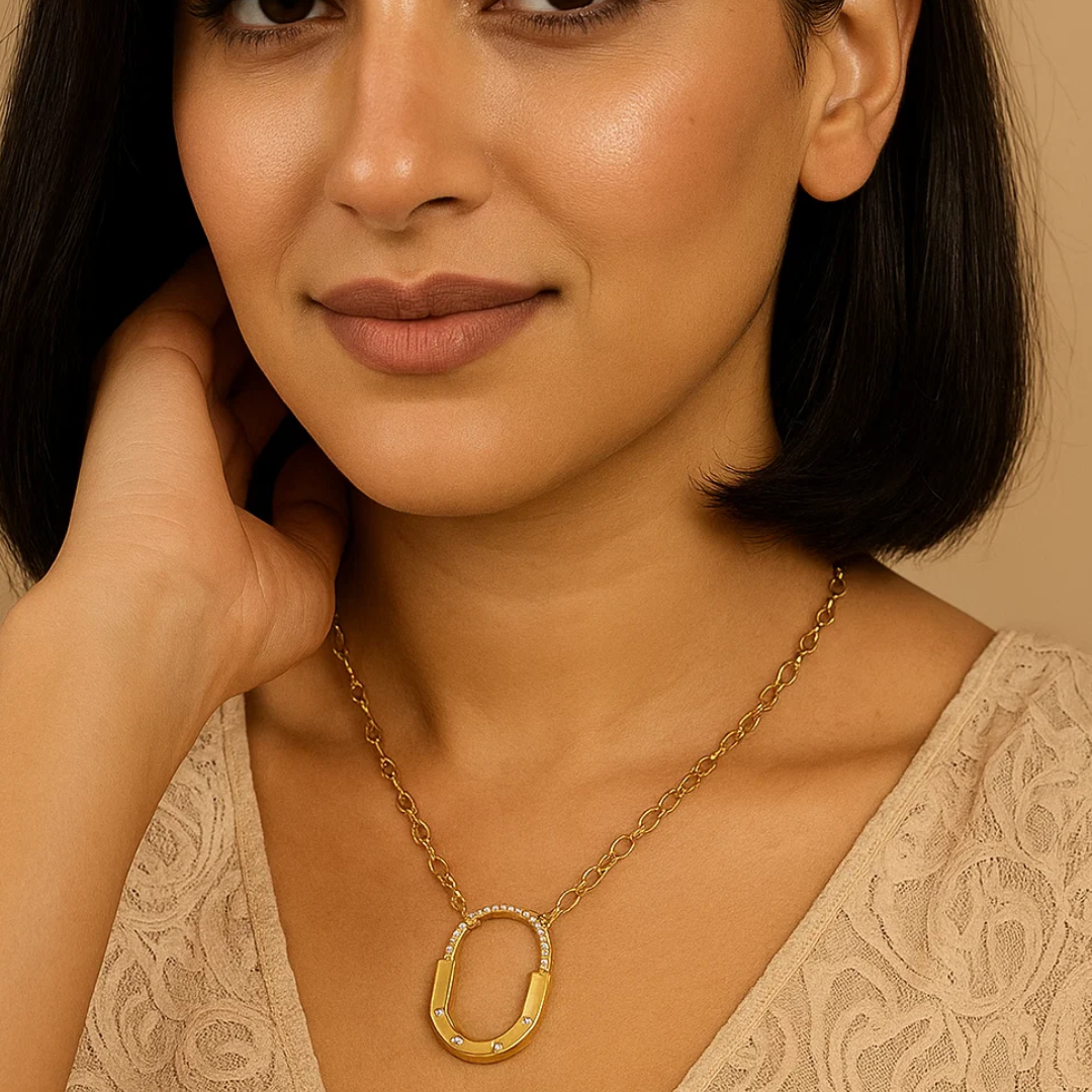 Avielle | Gold (18K) Plated Lock Pendant Waterproof Link Chain Necklace with Zircons
