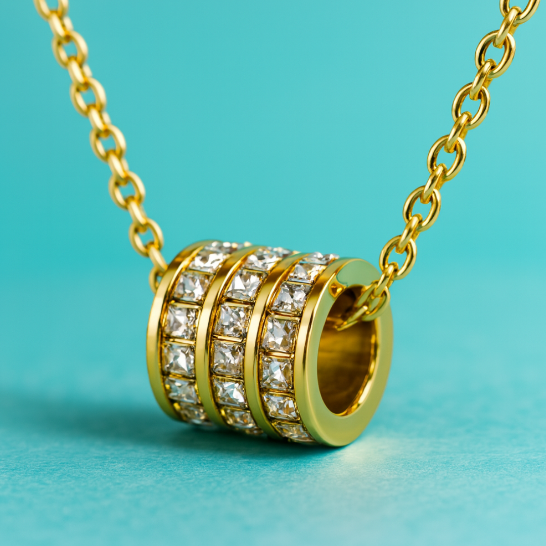 Astrid | Gold (18K) Plated Pavé Cylinder Pendant Waterproof Necklace with Zircons