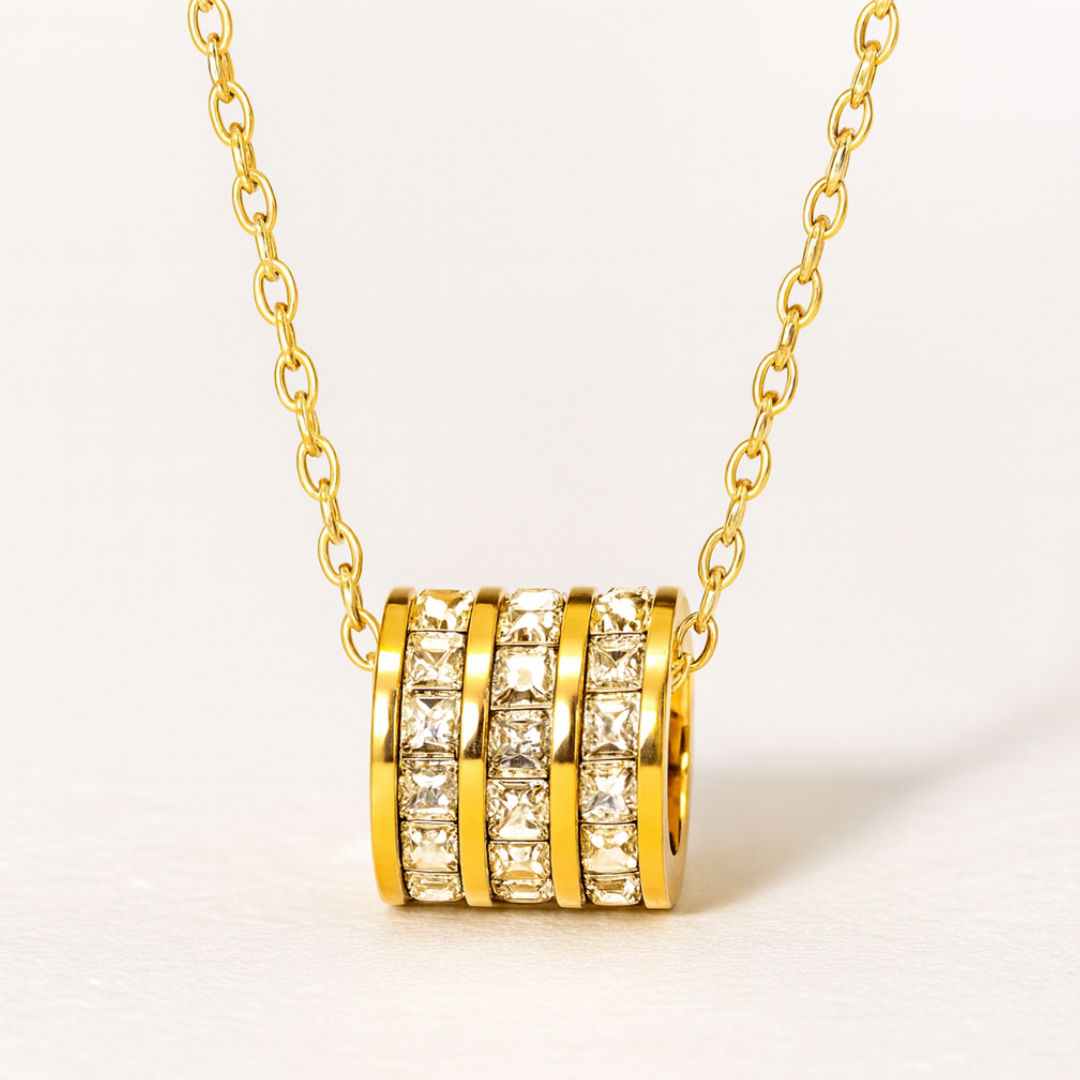 Astrid | Gold (18K) Plated Pavé Cylinder Pendant Waterproof Necklace with Zircons
