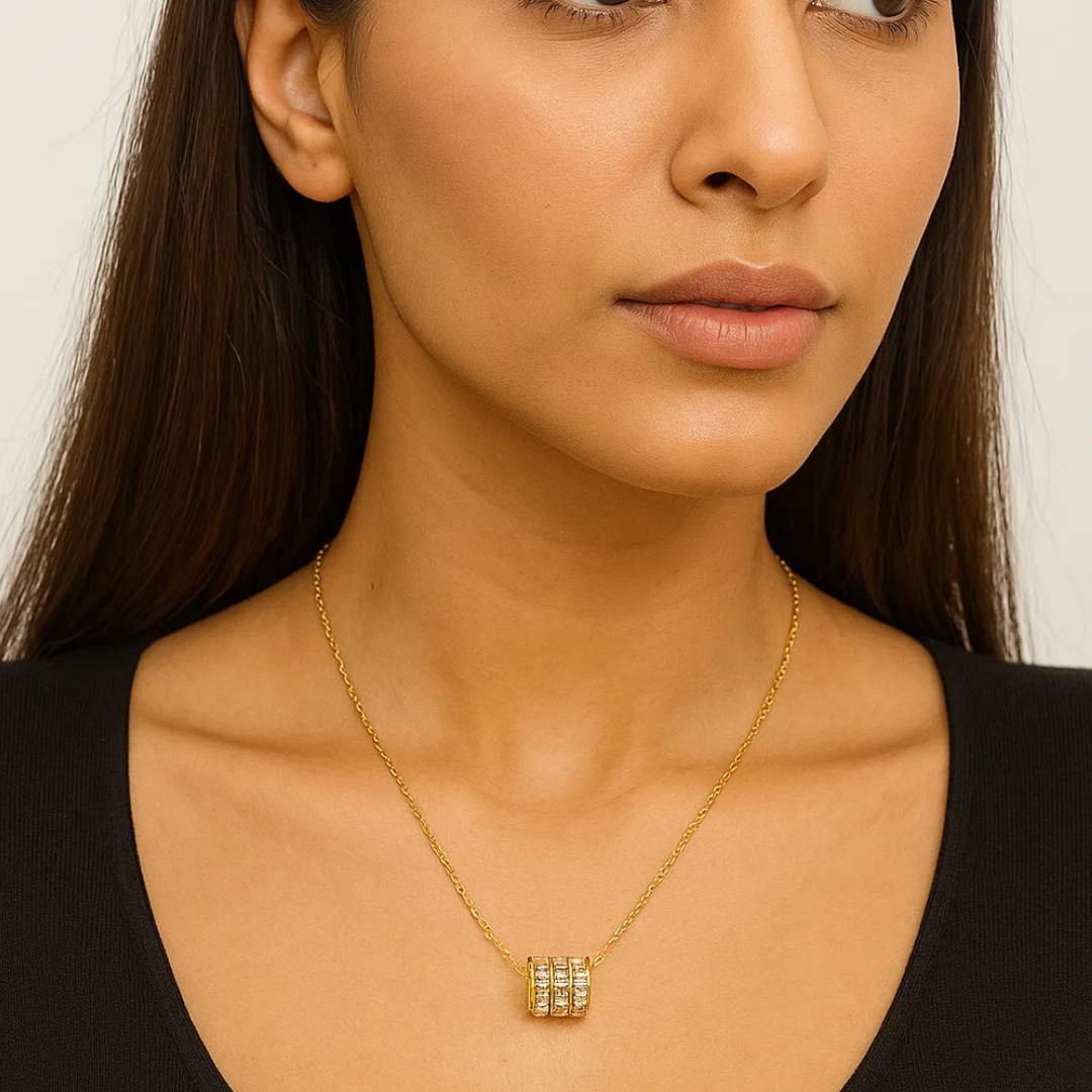 Astrid | Gold (18K) Plated Pavé Cylinder Pendant Waterproof Necklace with Zircons