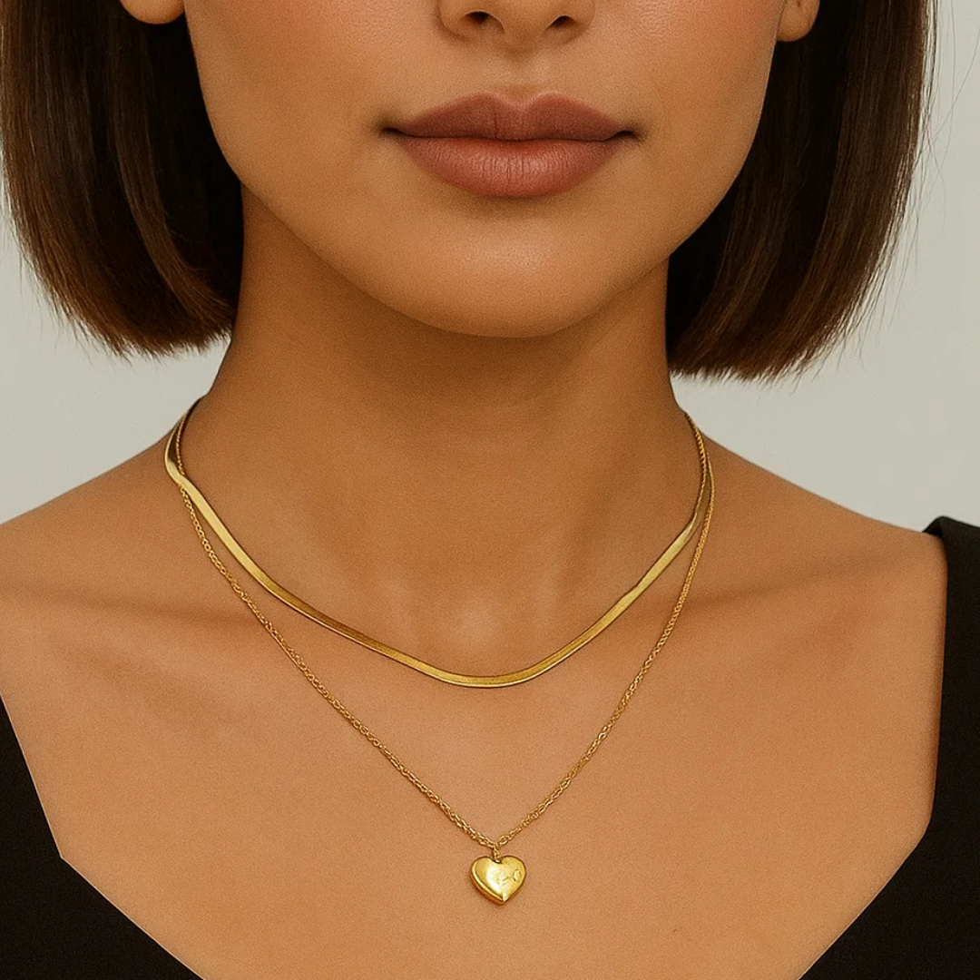 Ariat | Gold (18K) Plated Heart Double Layered Flat Snake with Zircon Chain Waterproof Necklace