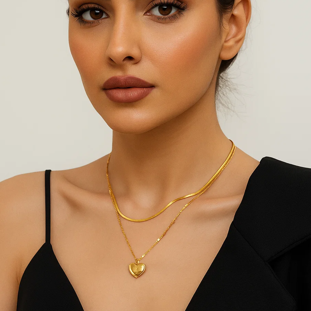 Ariat | Gold (18K) Plated Heart Double Layered Flat Snake with Zircon Chain Waterproof Necklace