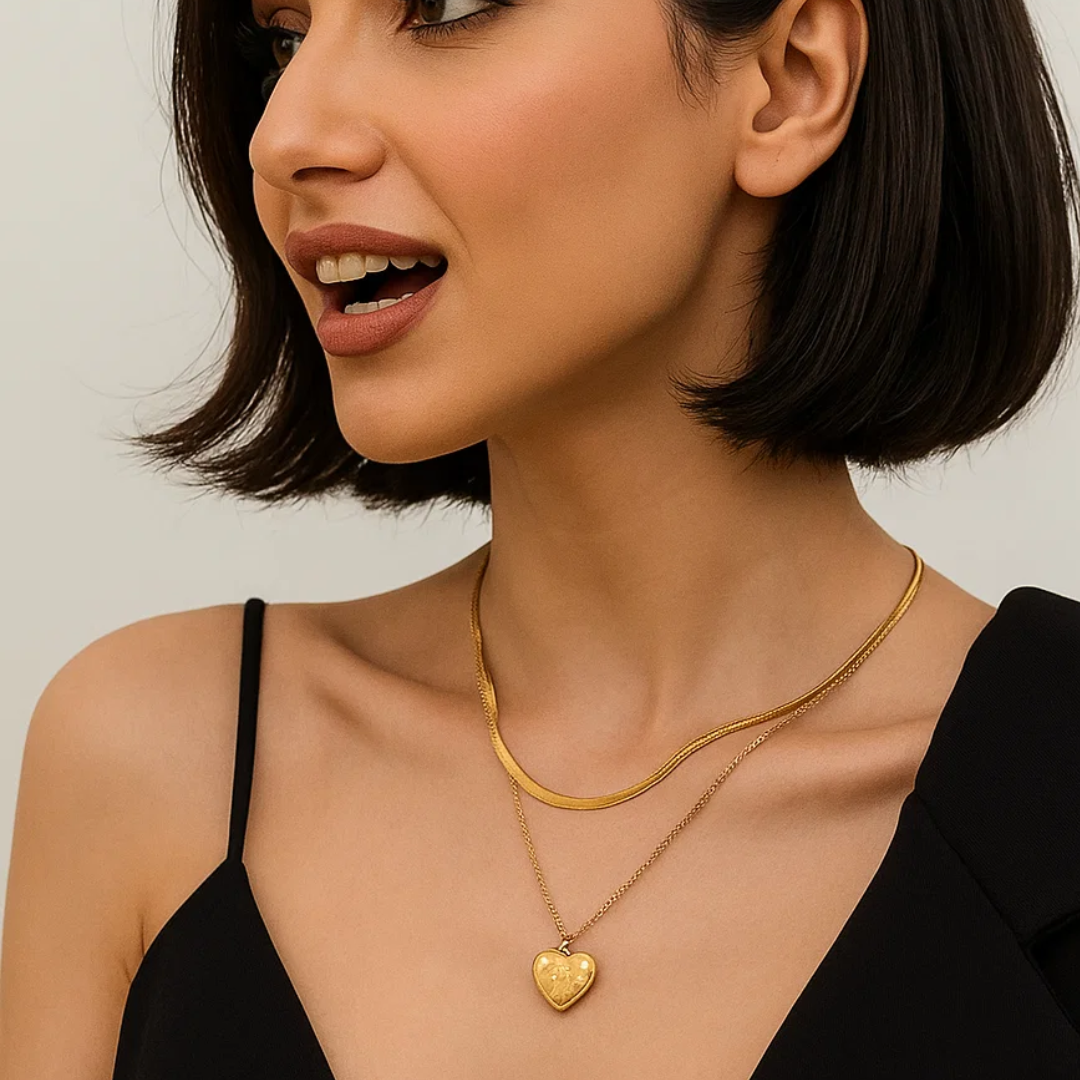 Ariat | Gold (18K) Plated Heart Double Layered Flat Snake with Zircon Chain Waterproof Necklace