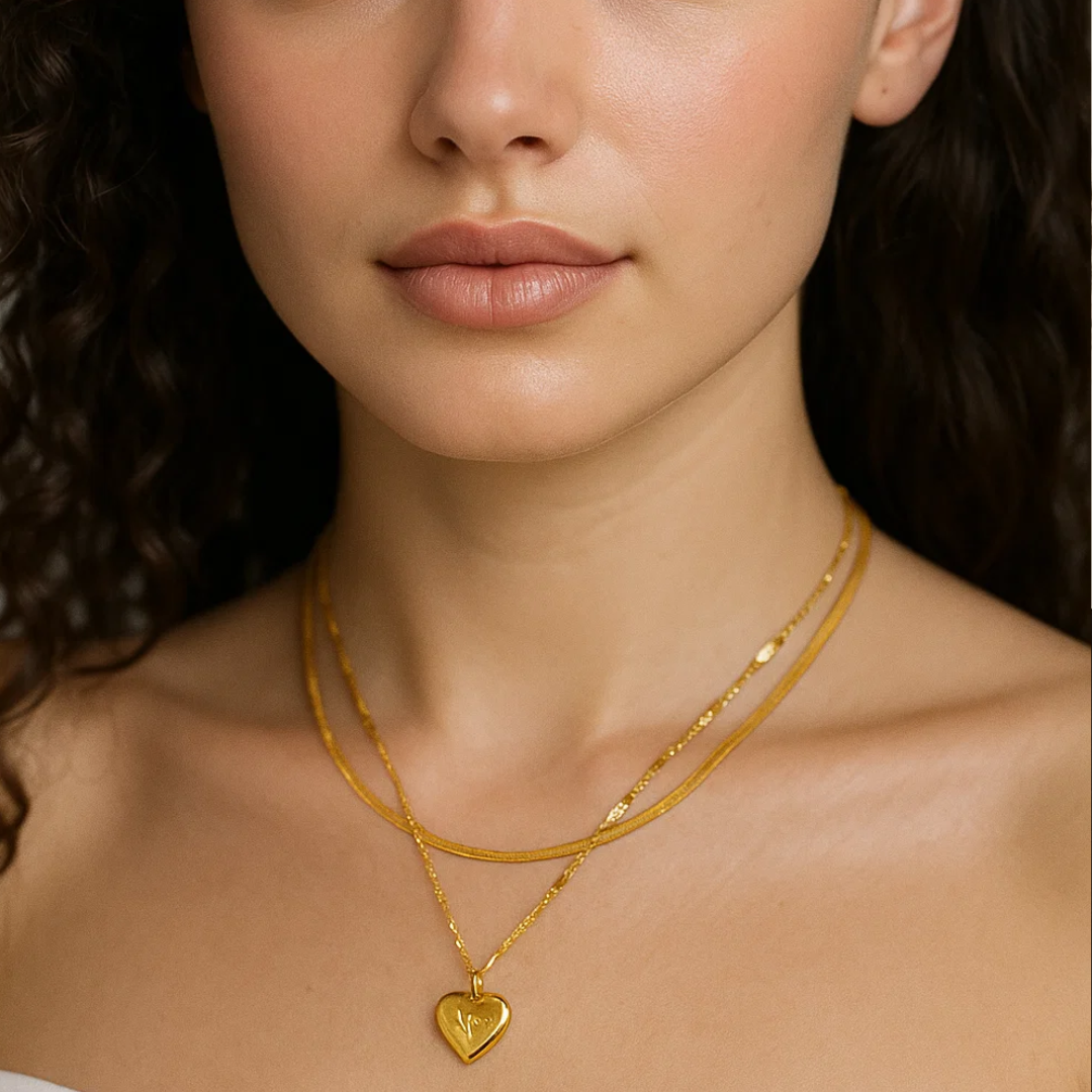 Ariat | Gold (18K) Plated Heart Double Layered Flat Snake with Zircon Chain Waterproof Necklace