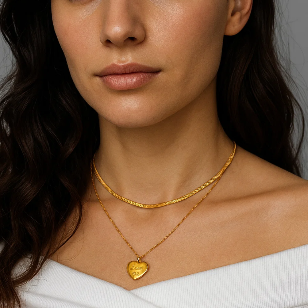 Ariat | Gold (18K) Plated Heart Double Layered Flat Snake with Zircon Chain Waterproof Necklace