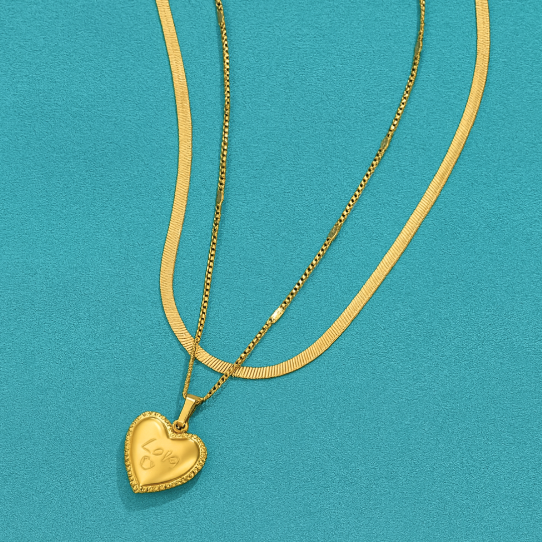 Ariat | Gold (18K) Plated Heart Double Layered Flat Snake with Zircon Chain Waterproof Necklace