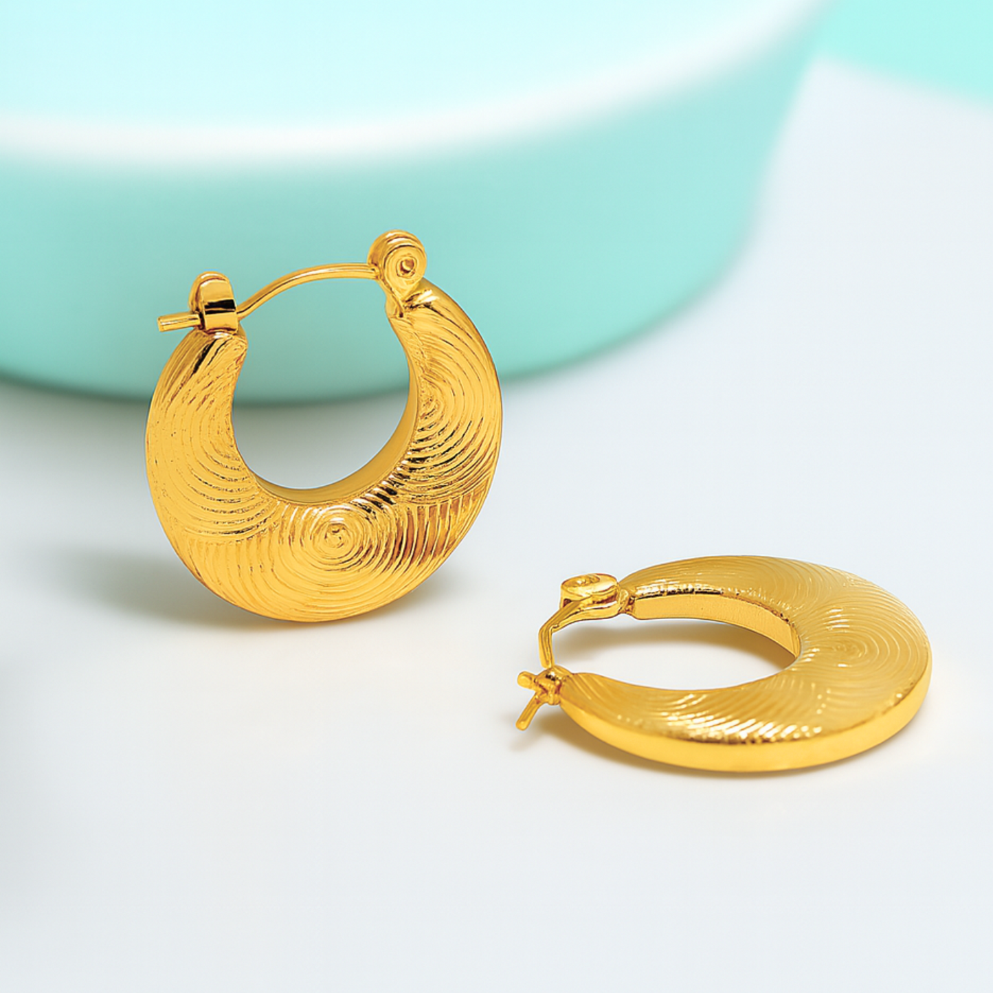 Tilly | 18K Gold Plated Circular Flat Embossed Hoop Waterproof Earrings