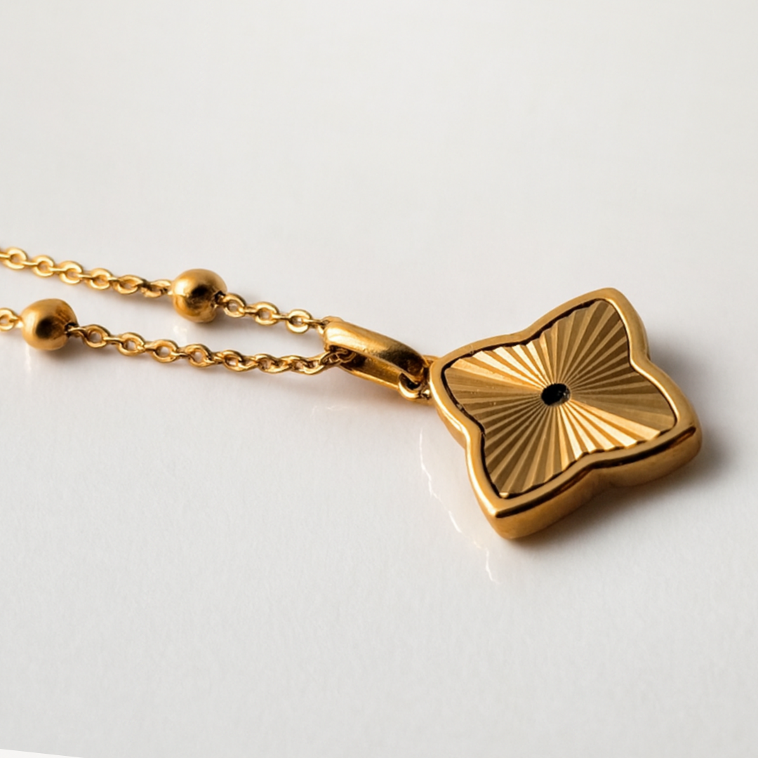 Clover Necklace -18K Gold Plated Textured Four-Leaf Pendant Waterproof