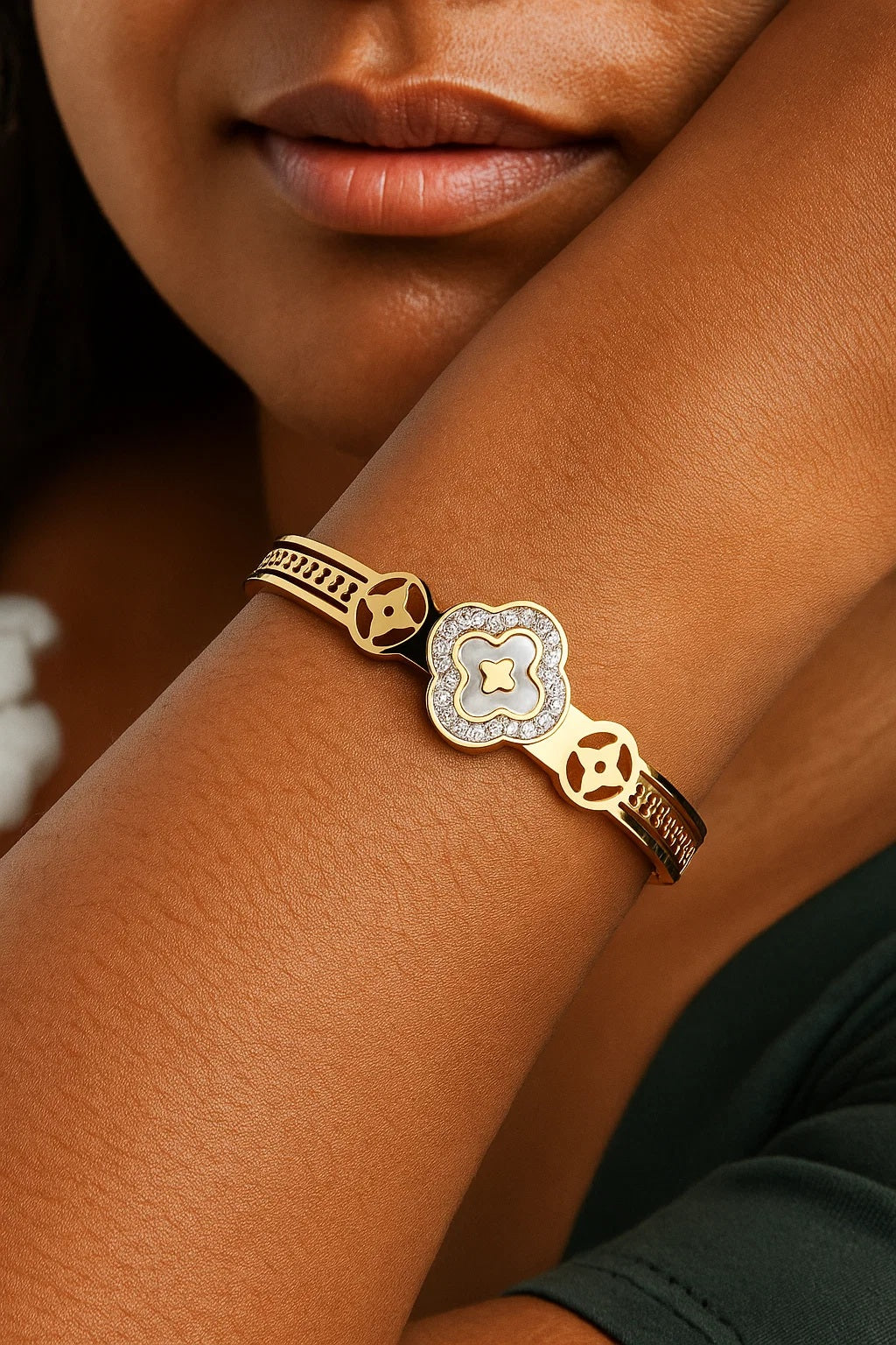 Erin | Gold Plated White Clover charm Zircon Cuff Bracelet Bangle