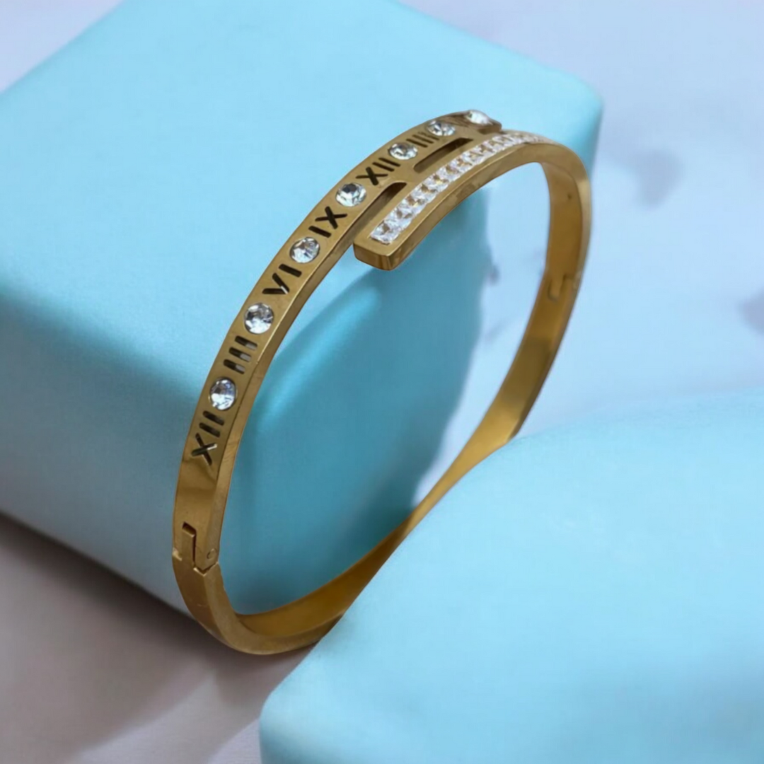 Clarissa | Gold Plated Roman Numeral Crystal Cuff Bracelet Bangle