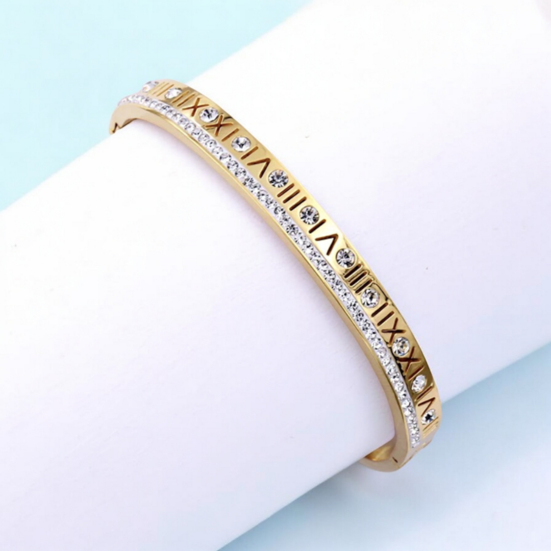 Lucia | Gold Plated Roman Numeral Crystal Cuff Bracelet Bangle