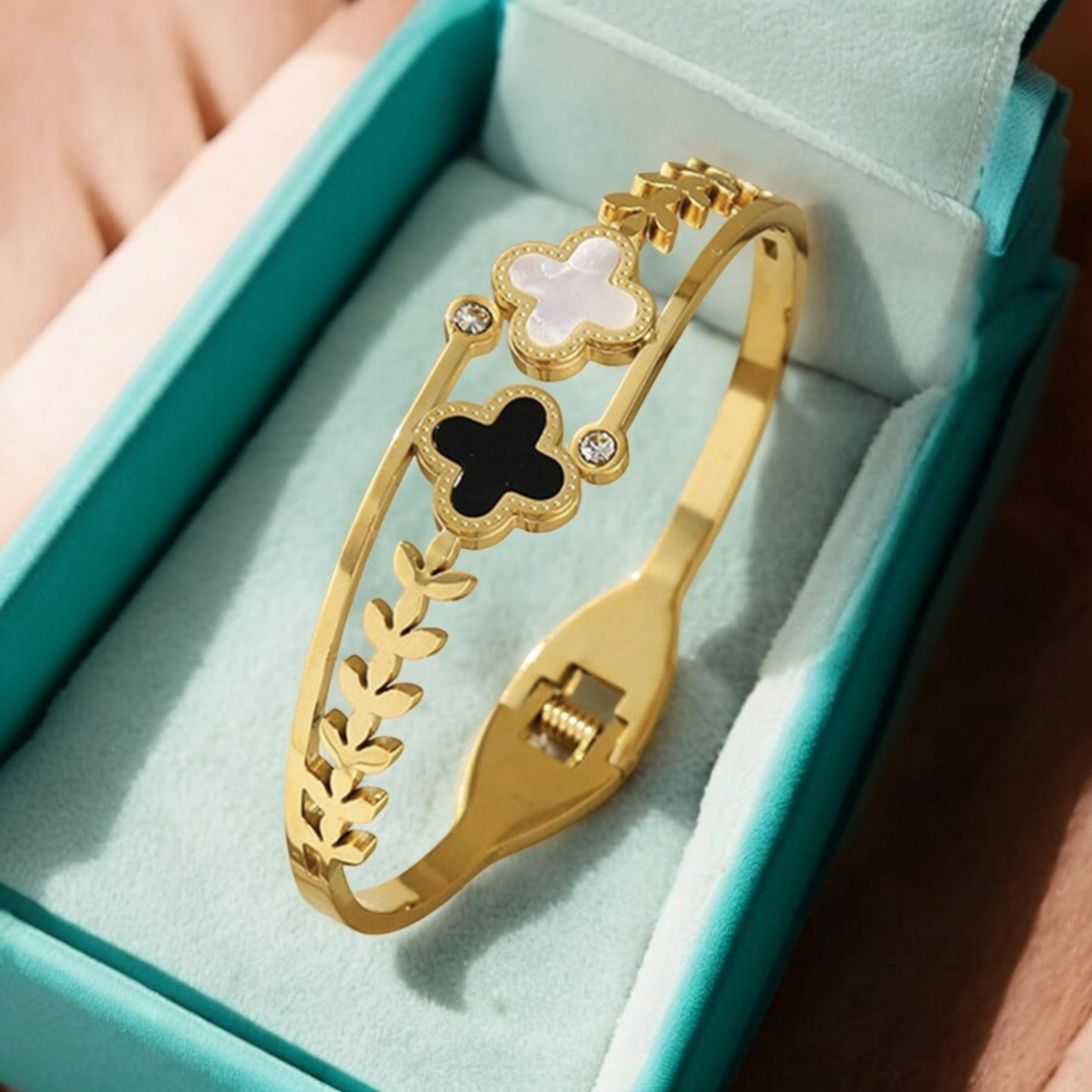 Arabelle | Gold & Rose Gold Plated White and Black Zircon Four-Leaf Clover Bangle Bracelet