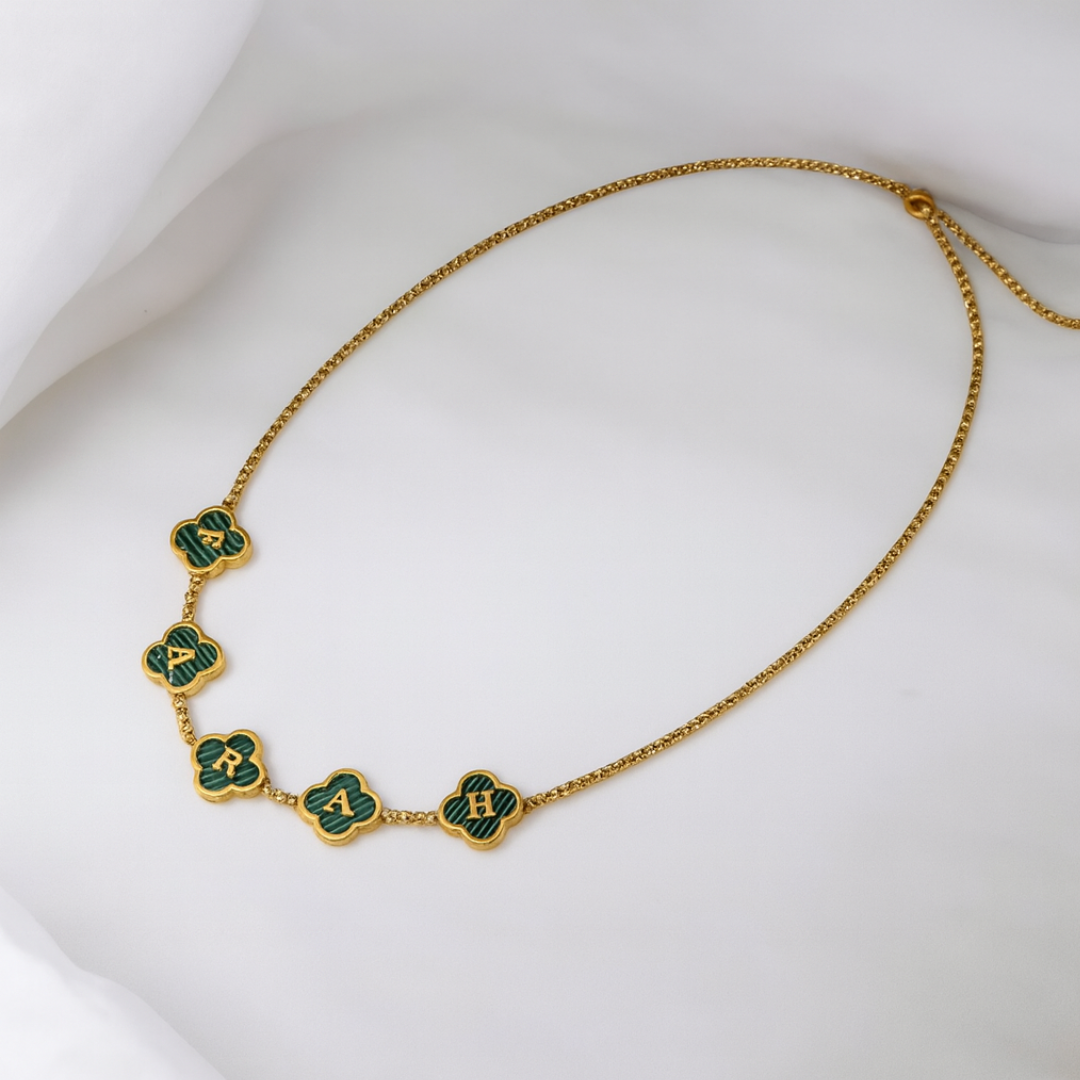 Clover Necklace - Personalised Clover Name Necklace, 18K Gold Plated Four-Leaf Pendant Waterproof
