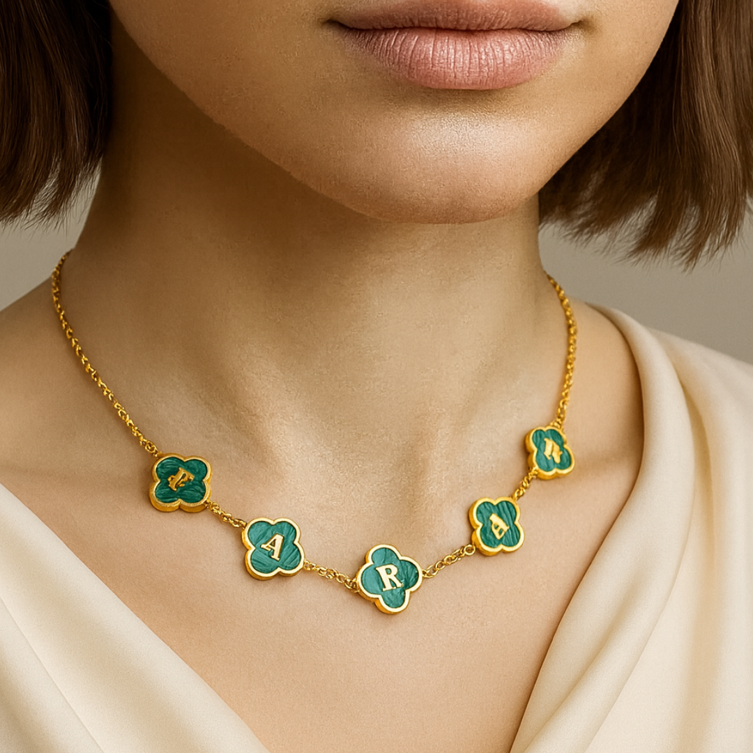 Clover Necklace - Personalised Clover Name Necklace, 18K Gold Plated Four-Leaf Pendant Waterproof