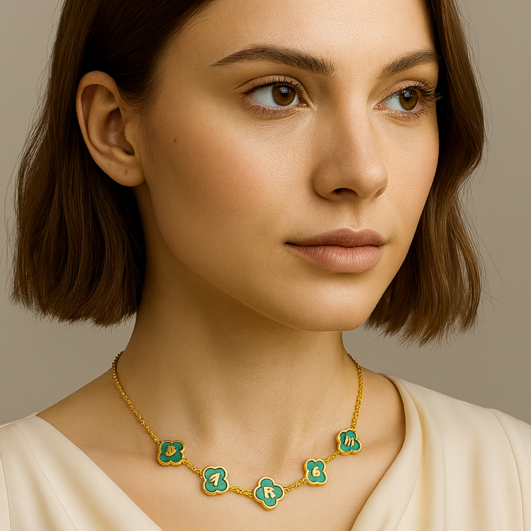Clover Necklace - Personalised Clover Name Necklace, 18K Gold Plated Four-Leaf Pendant Waterproof