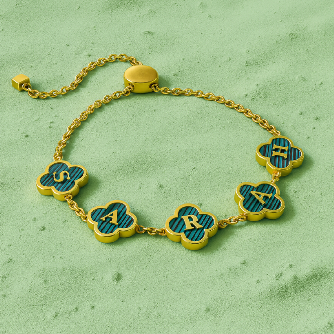 Tyler Clover Bracelet - Personalised Clover Name Bracelet, 18K Gold Plated Waterproof Clover Jewellery