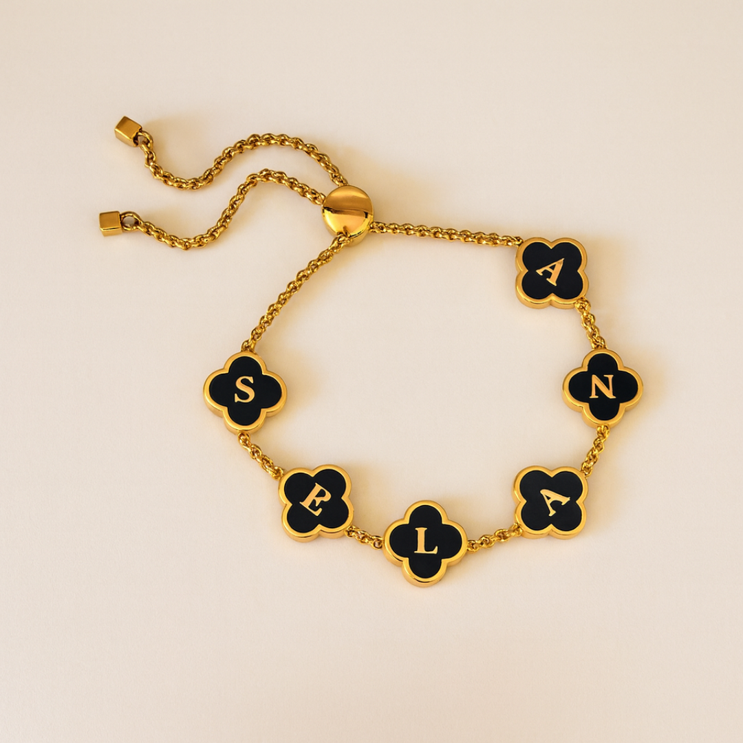Khiara Clover Bracelet - Personalised Clover Name Bracelet, 18K Gold Plated Waterproof Clover Jewellery Christmas Gift