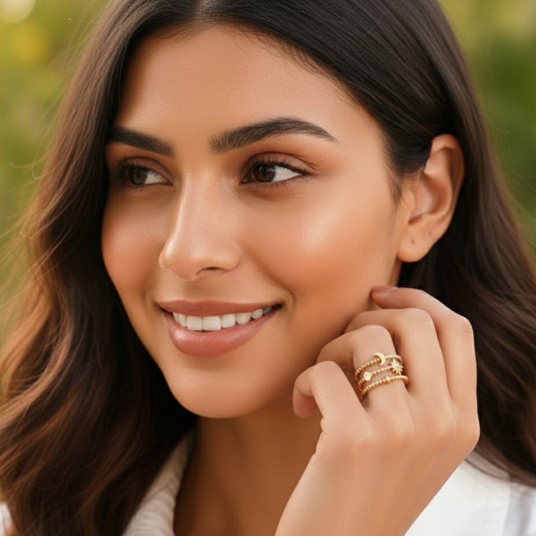 Ruth | Gold Plated Sun Moon Star Open Resizable Ring