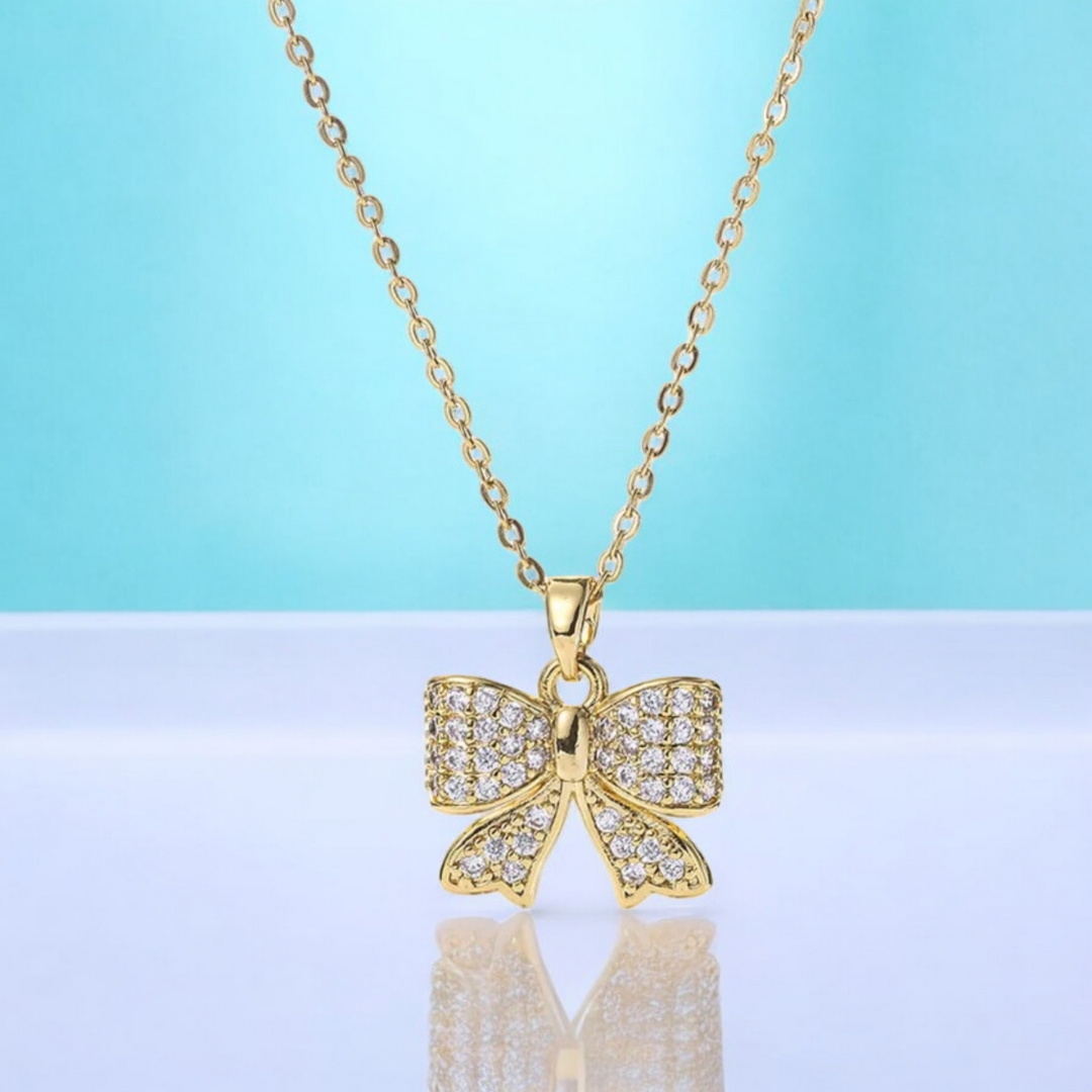 Margaret | Gold Plated Bow Ribbon Style Pendant Necklace with Zircons