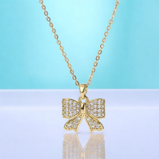 Margaret | Gold Plated Bow Ribbon Style Pendant Necklace with Zircons