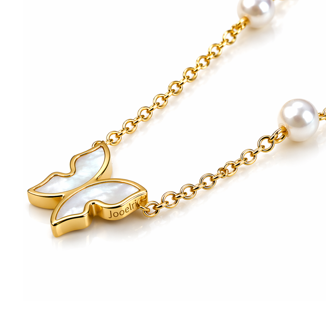 Raquel | Gold-Plated Shell Butterfly Charm Pearl Necklace