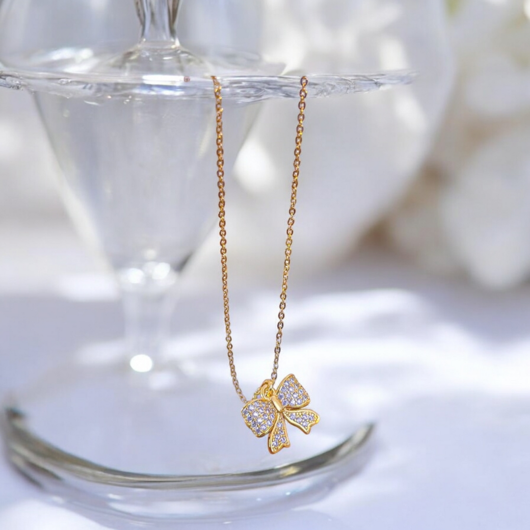 Margaret | Gold Plated Bow Ribbon Style Pendant Necklace with Zircons