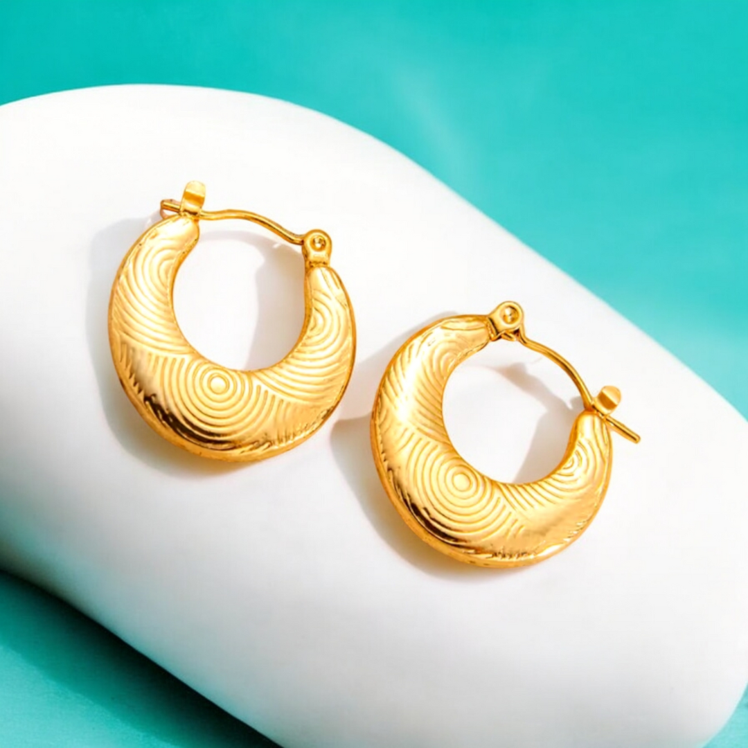 Tilly | Gold Plated Circular Flat Embossed Hoop Earrings