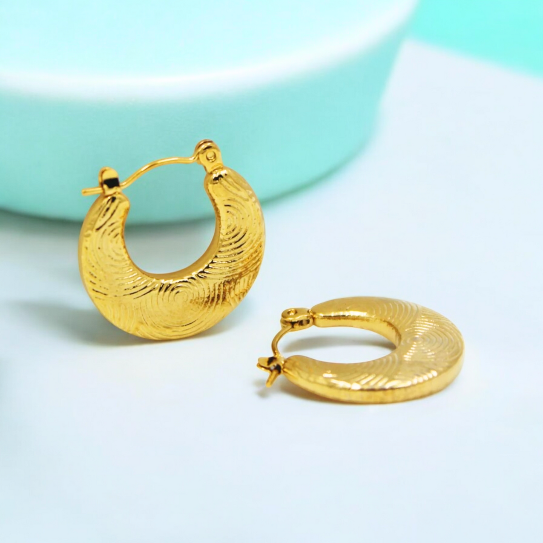 Tilly | Gold Plated Circular Flat Embossed Hoop Earrings