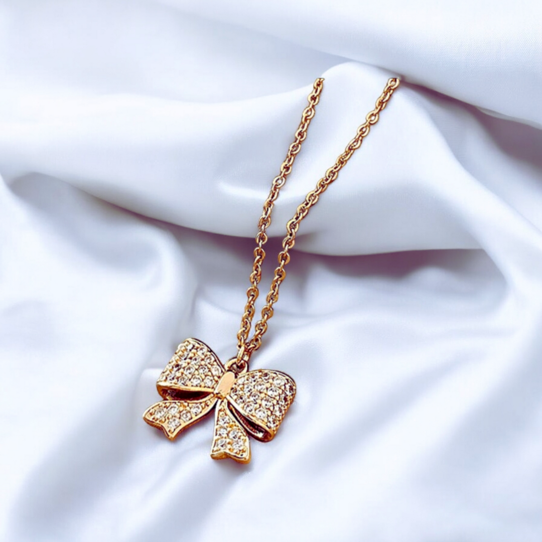 Margaret | Gold Plated Bow Ribbon Style Pendant Necklace with Zircons