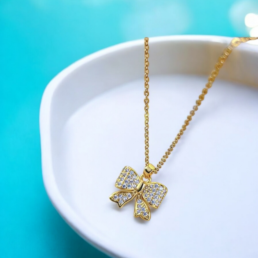 Margaret | Gold Plated Bow Ribbon Style Pendant Necklace with Zircons