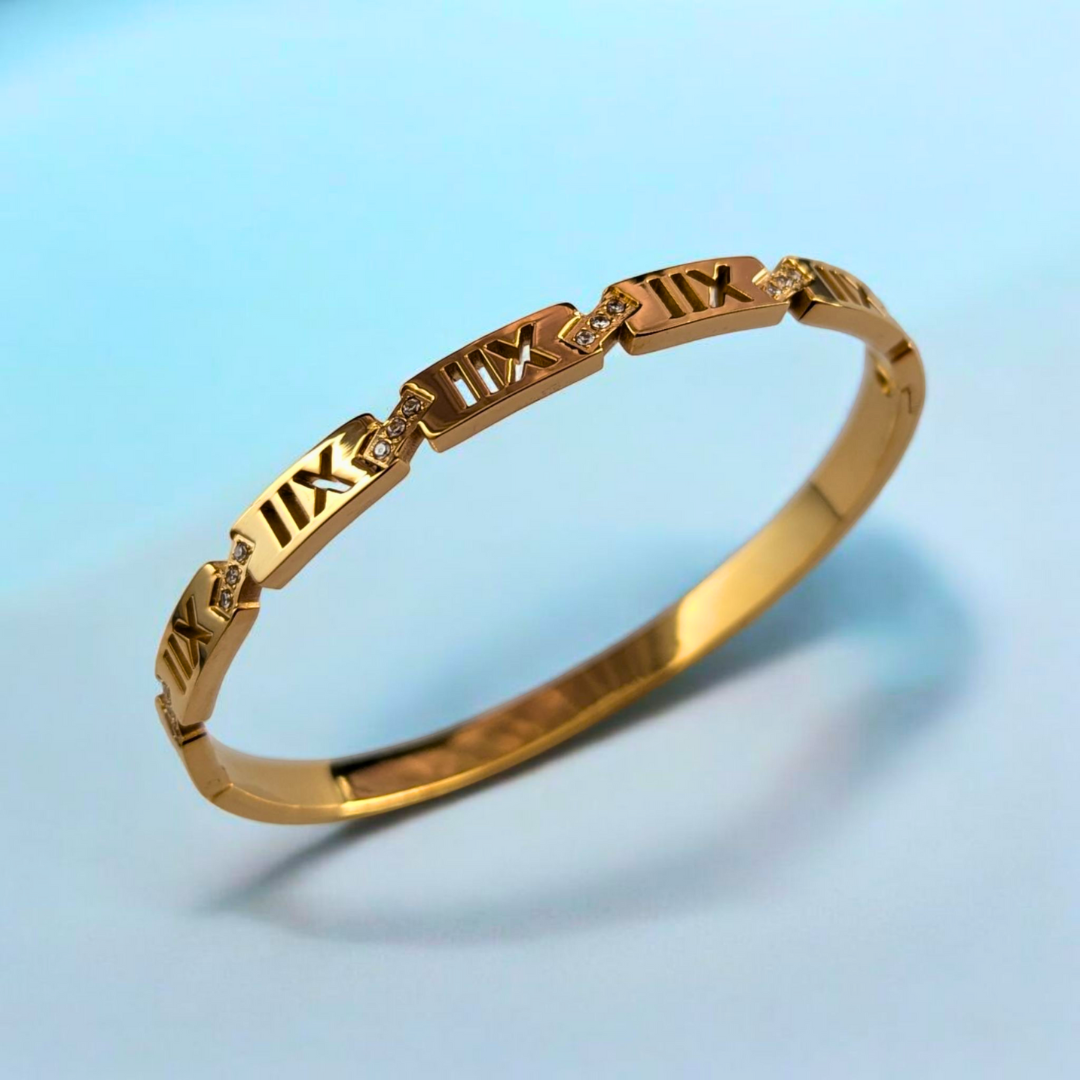 Zara | Gold Plated Roman Numerals Cuff Bangle Bracelet with Zircons