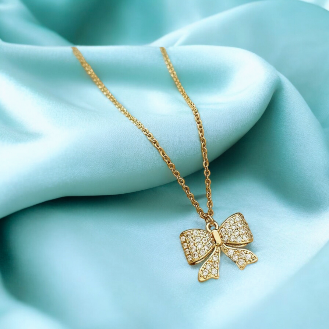 Margaret | Gold Plated Bow Ribbon Style Pendant Necklace with Zircons