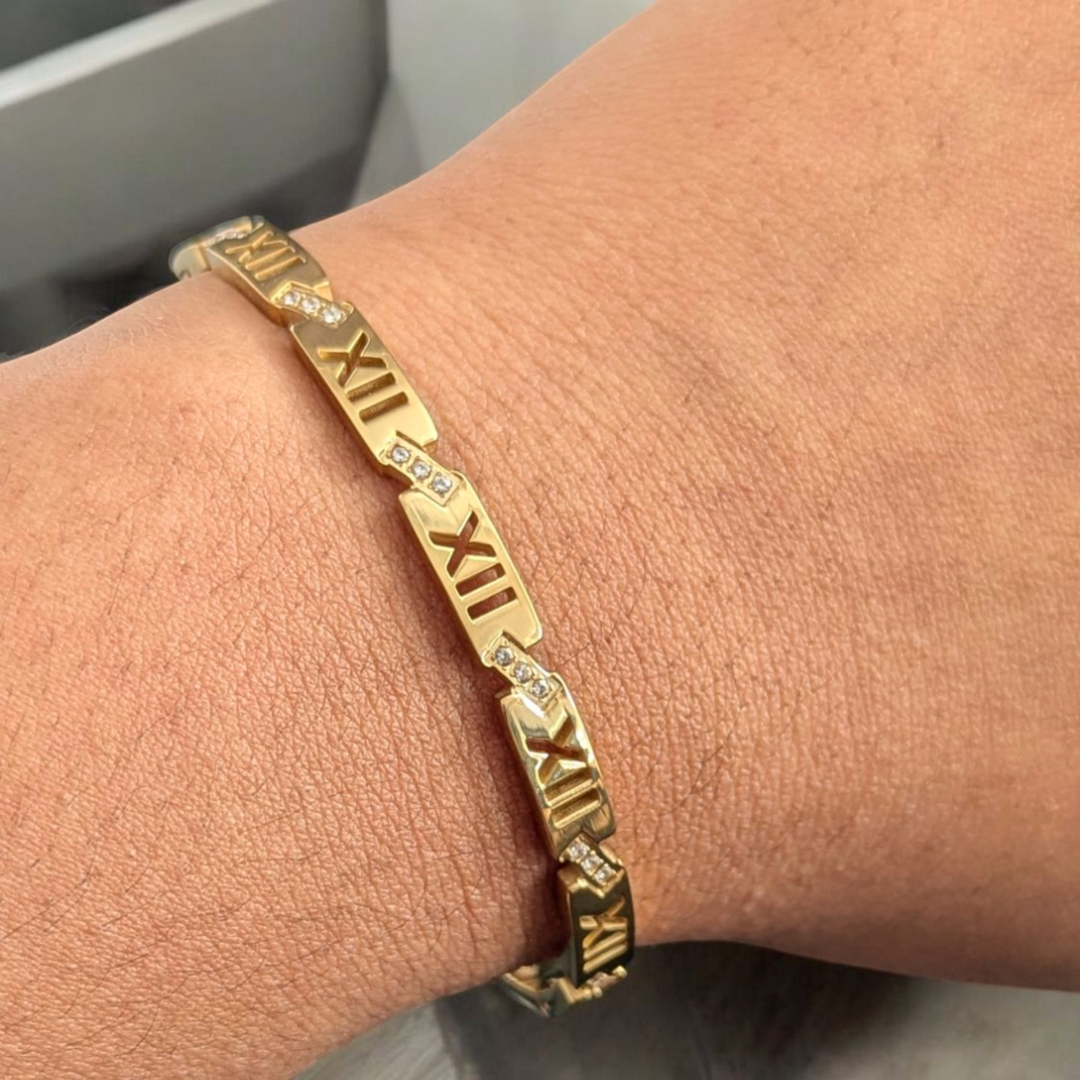 Zara | Gold Plated Roman Numerals Cuff Bangle Bracelet with Zircons