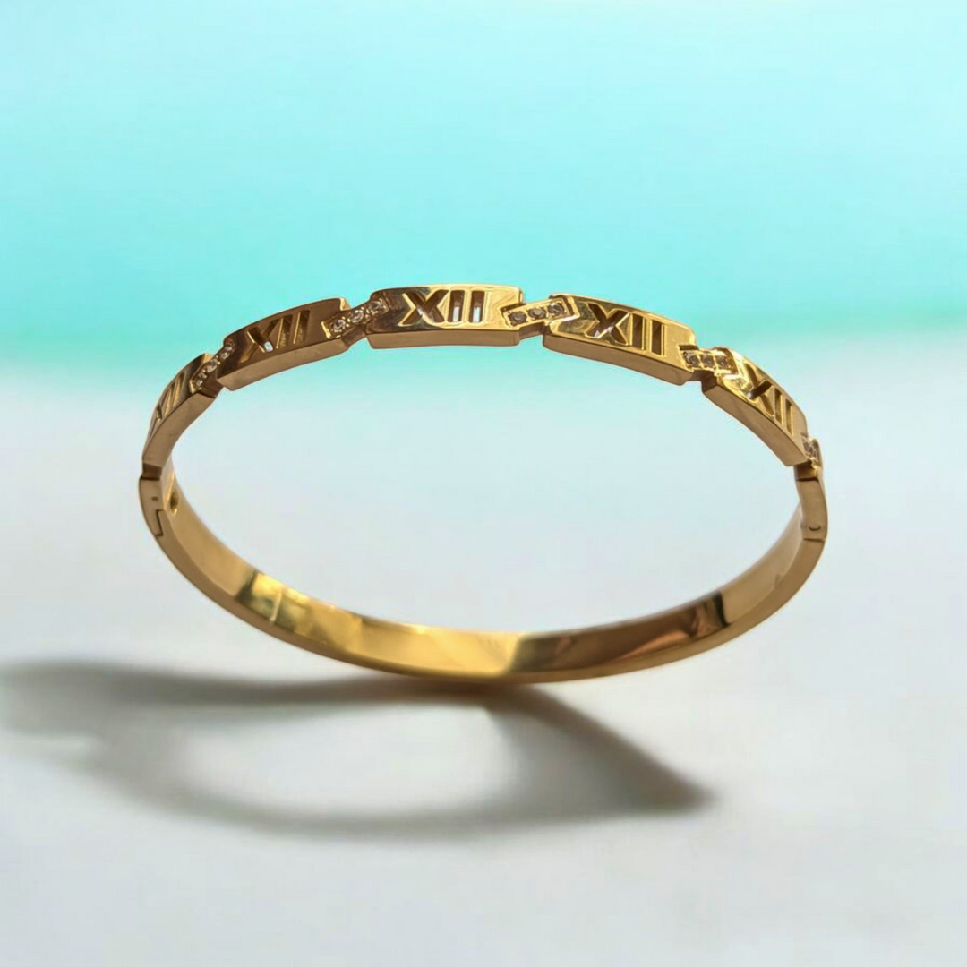 Zara | Gold Plated Roman Numerals Cuff Bangle Bracelet with Zircons