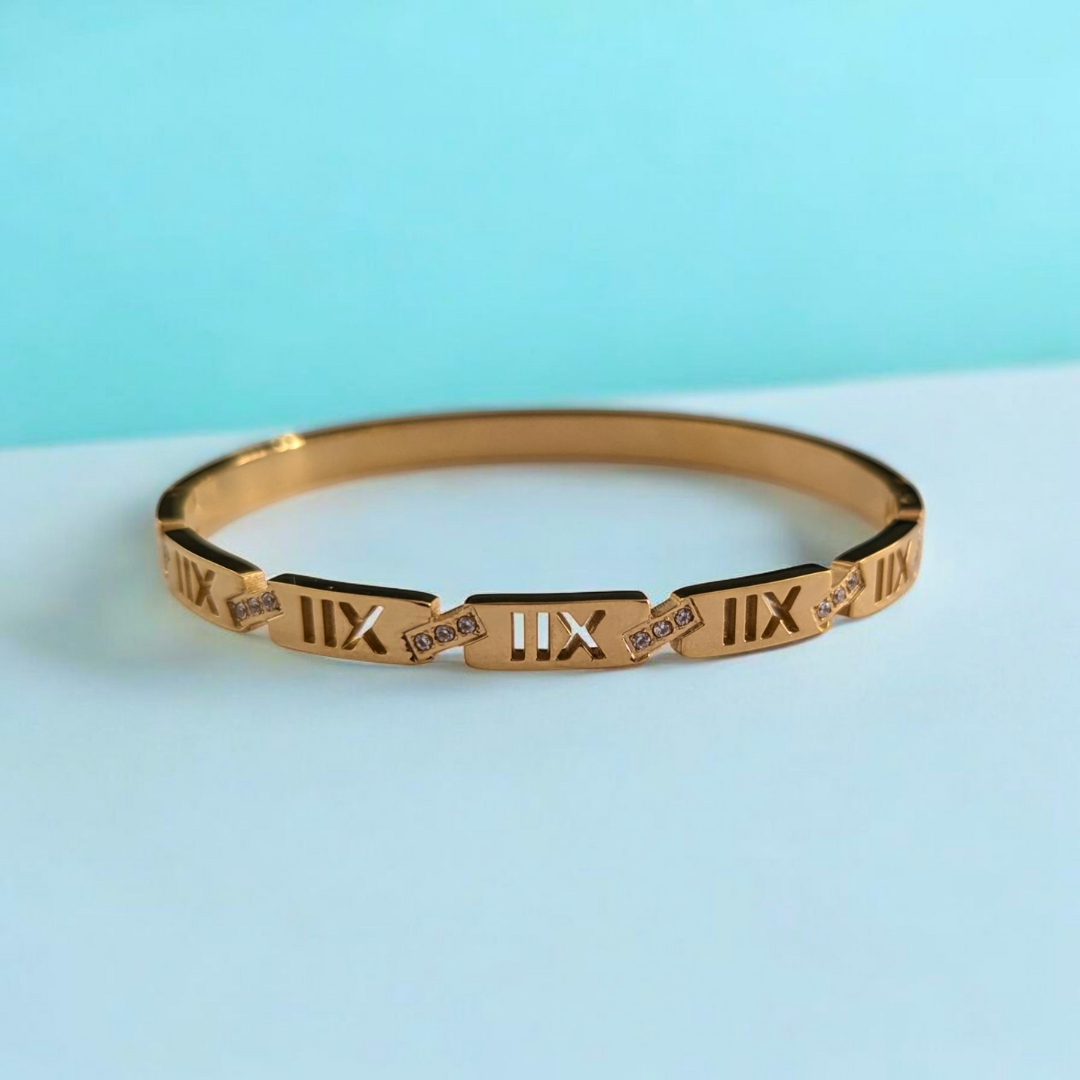 Zara | Gold Plated Roman Numerals Cuff Bangle Bracelet with Zircons