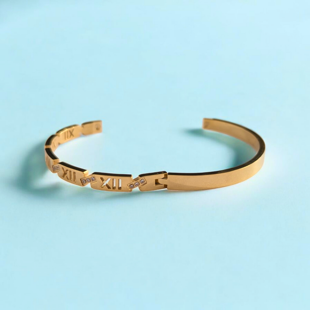 Zara | Gold Plated Roman Numerals Cuff Bangle Bracelet with Zircons