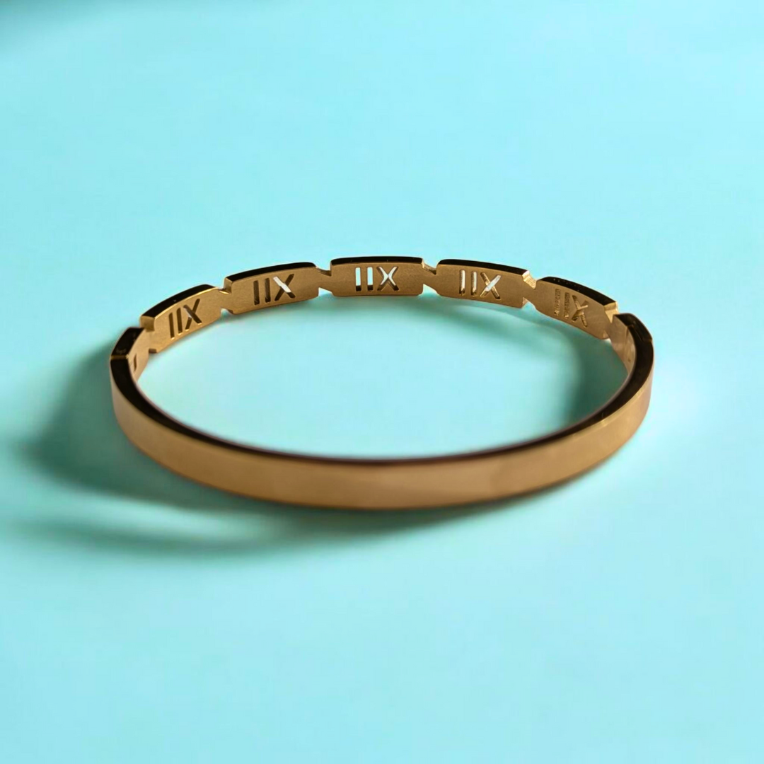 Zara | Gold Plated Roman Numerals Cuff Bangle Bracelet with Zircons