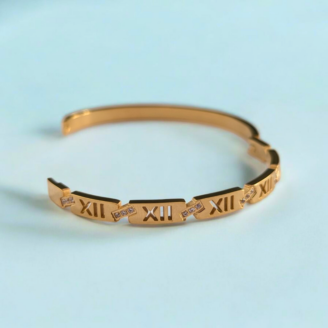 Zara | Gold Plated Roman Numerals Cuff Bangle Bracelet with Zircons