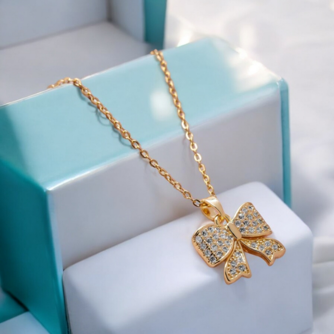 Margaret | Gold Plated Bow Ribbon Style Pendant Necklace with Zircons