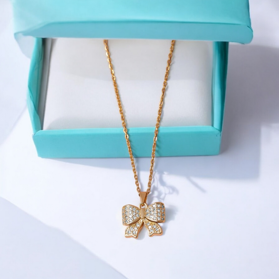 Margaret | Gold Plated Bow Ribbon Style Pendant Necklace with Zircons