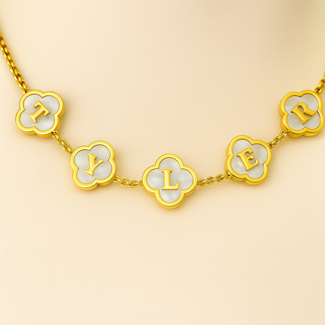Personalised Clover Name Necklace, 18K Gold Plated Four-Leaf Pendant Waterproof