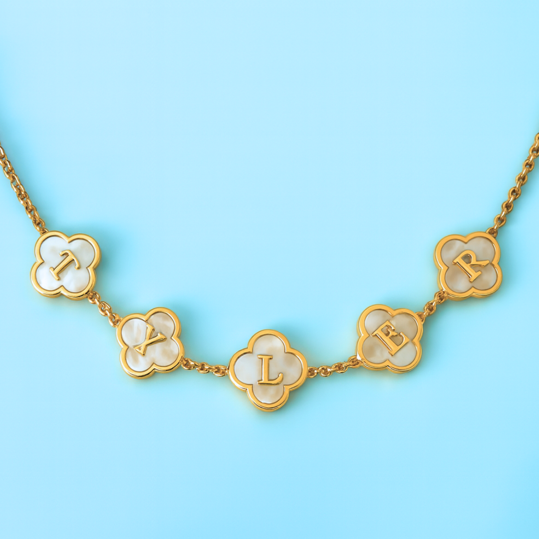 Personalised Clover Name Necklace, 18K Gold Plated Four-Leaf Pendant Waterproof