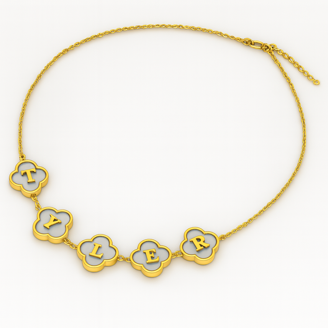 Personalised Clover Name Necklace, 18K Gold Plated Four-Leaf Pendant Waterproof