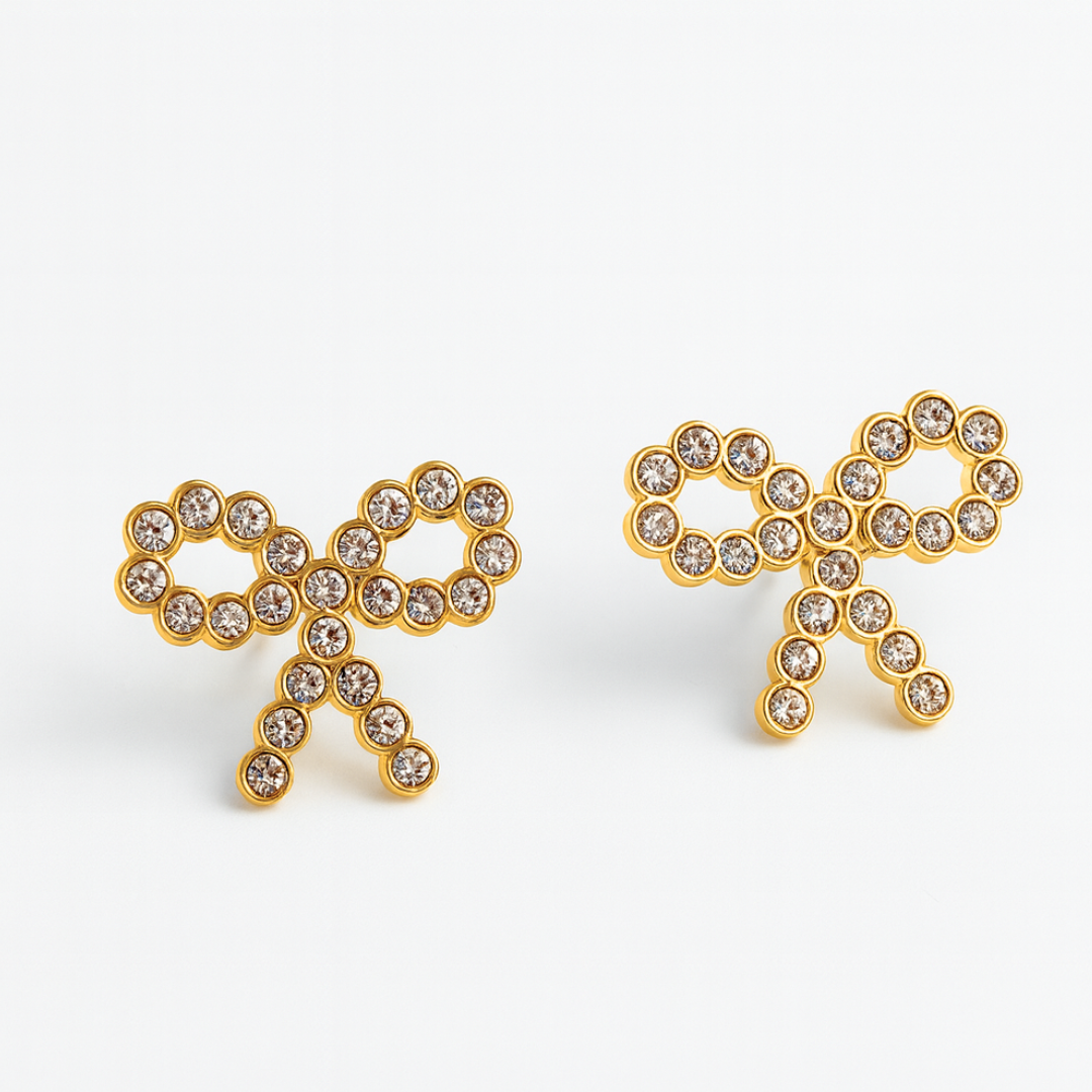 Claire | 18K Gold-Plated Bow Stud Waterproof Earrings with Zircons